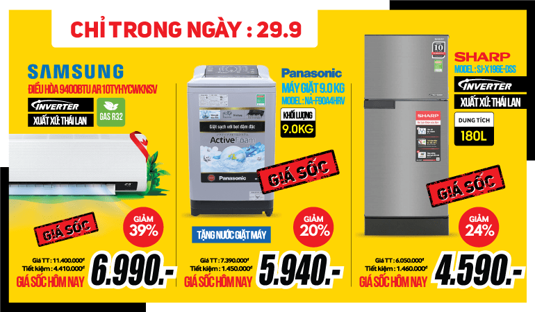 FLASH SALE 29/09: Tủ lạnh, Máy giặt, Điều hòa Rẻ chưa từng có!