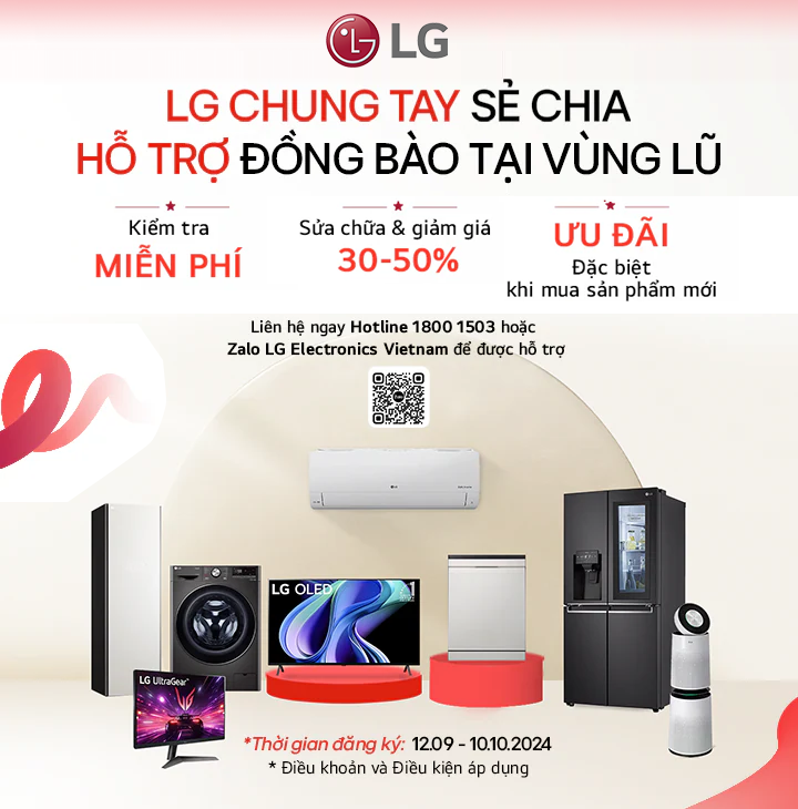 LG Chung tay sẻ chia, hỗ trợ đồng bào tại vùng lũ- Chương trình bảo hành đặc biệt dành cho các thiết bị LG hư hại do bão Yagi