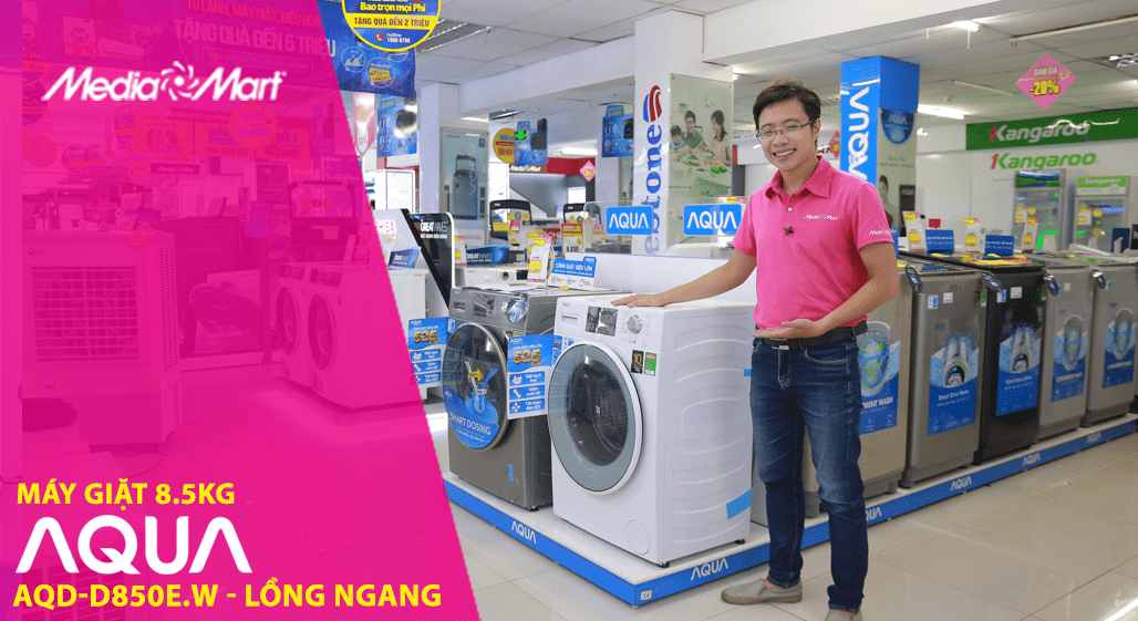 Máy giặt AQUA lồng ngang 8.5kg AQD-D850E.W: Giặt giũ thoải mái cho cả gia đình