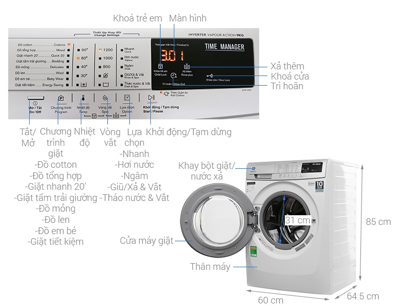 Máy giặt 9Kg Electrolux EWF12944 Inverter