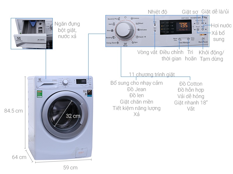 Máy giặt 9 Kg Electrolux EWF12942 Inverter