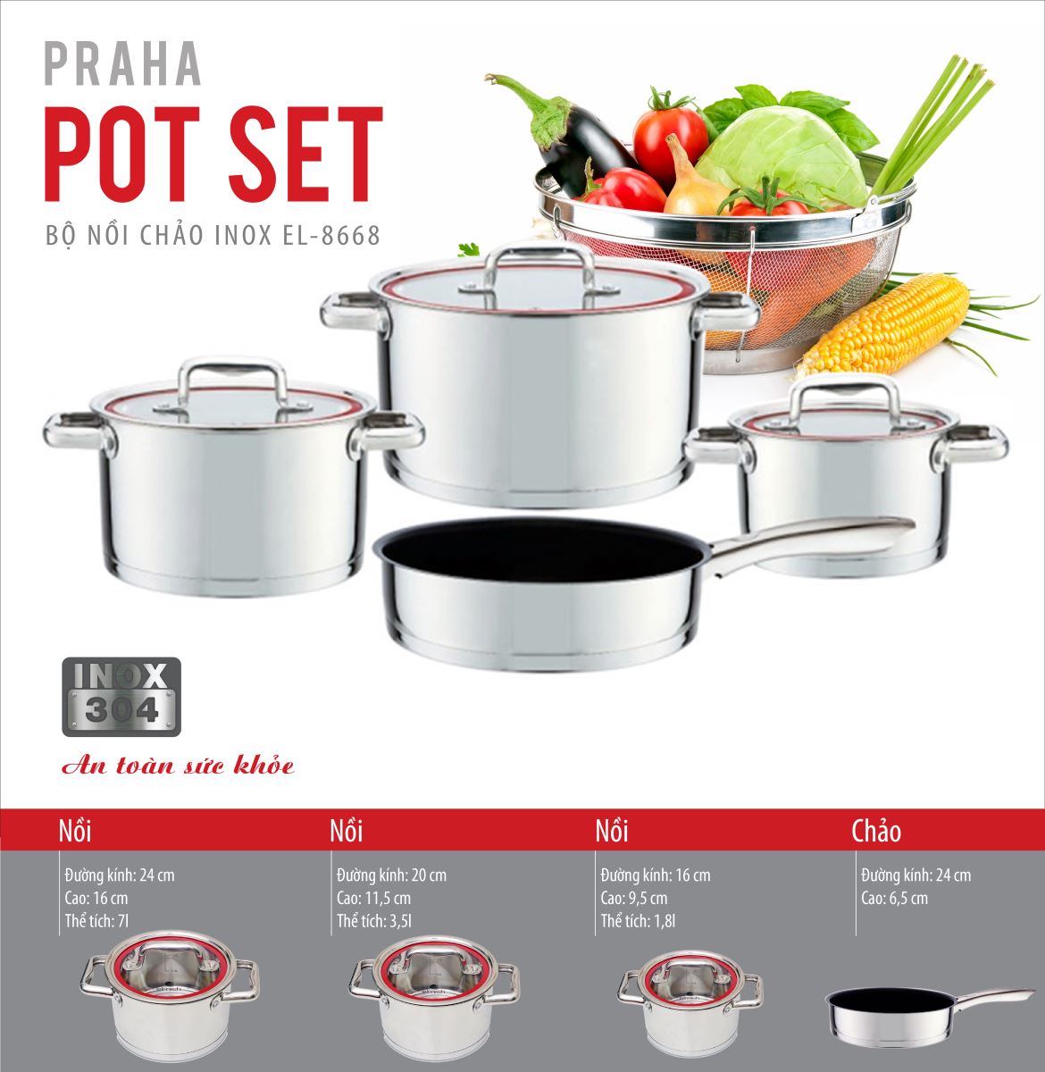 Bộ nồi chảo inox Elmich Praha EL8668-2358668