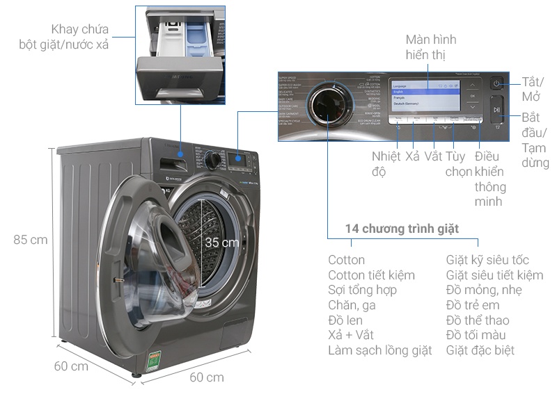 Máy giặt 12 Kg Samsung Addwash WW12K8412OX lồng ngang