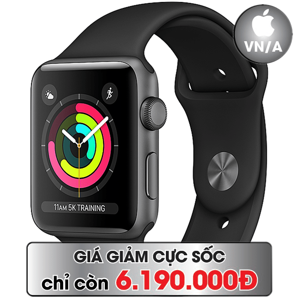 Apple Watch 3 42mm (GPS) Viền Nhôm Xám - Dây cao su Đen Chính hãng (MTF32VN/A)