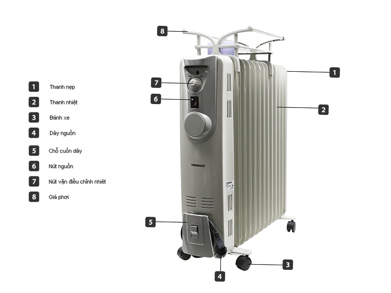 Máy sưởi dầu TIROSS TS-926, 13 thanh, quạt thổi, giá phơi