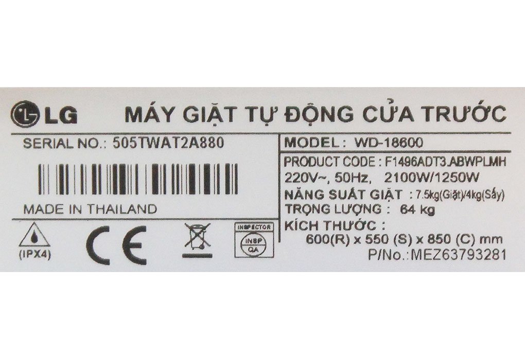 Máy giặt 7.5 Kg LG WD-18600 lồng ngang/ 4kg sấy
