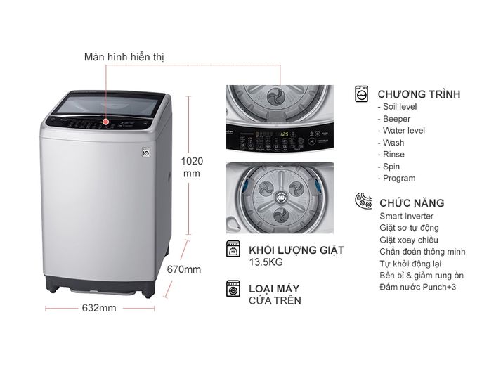Máy giặt LG lồng đứng 13.5kg T2553VS2M Smart Inverter