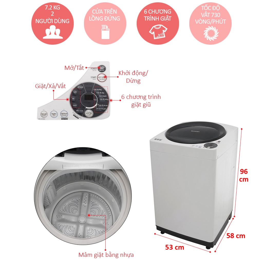 Máy giặt 7.2 Kg Sharp ES-U72GV-H lồng đứng (màu xám)