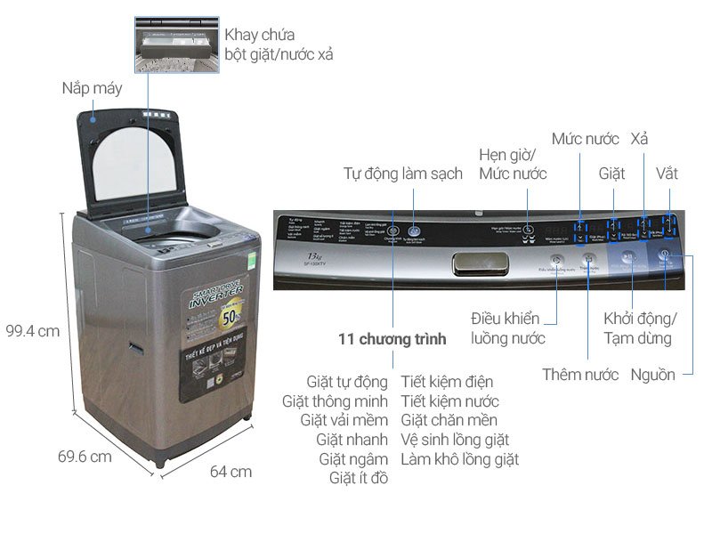 Máy giặt 13 KgHitachi SF-130XTV lồng đứng, Inverter