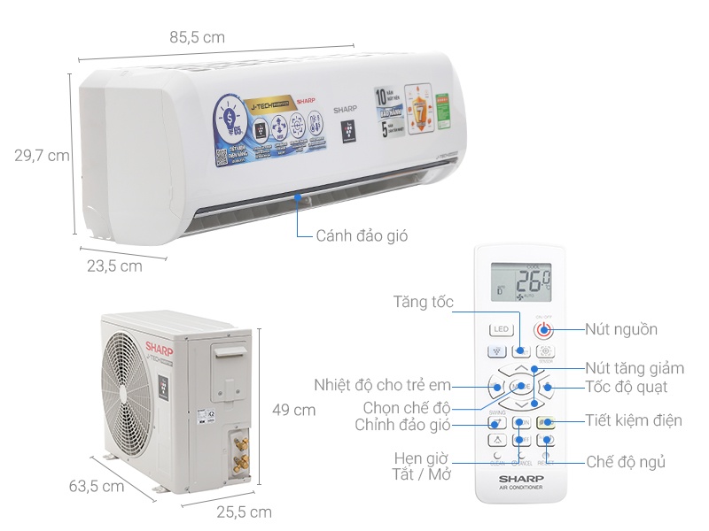 Điều hòa 1 chiều J-Tech Inverter Sharp AH-XP10UHW - 9000BTU