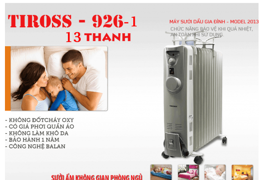 Máy sưởi dầu TIROSS TS-926, 13 thanh, quạt thổi, giá phơi