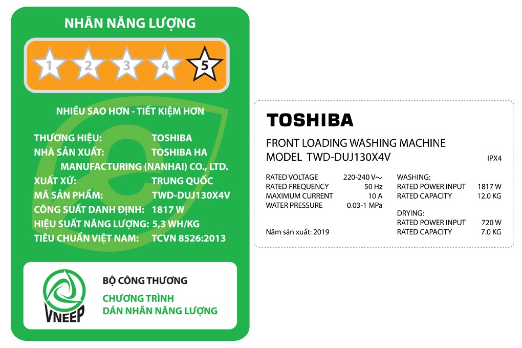 Máy giặt lồng ngang Toshiba Inverter 12Kg +Sấy 7Kg TWD-DUJ130X4V