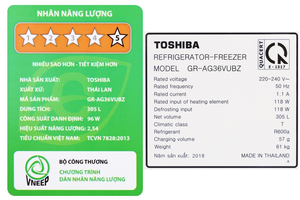 Tủ lạnh 2 cánh Inverter Toshiba GR-AG36VUBZ/XB - 305 Lít (Gương Nâu)