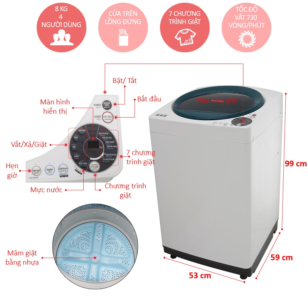 Máy giặt 8 Kg Sharp ES-U80GV-G (màu xanh)