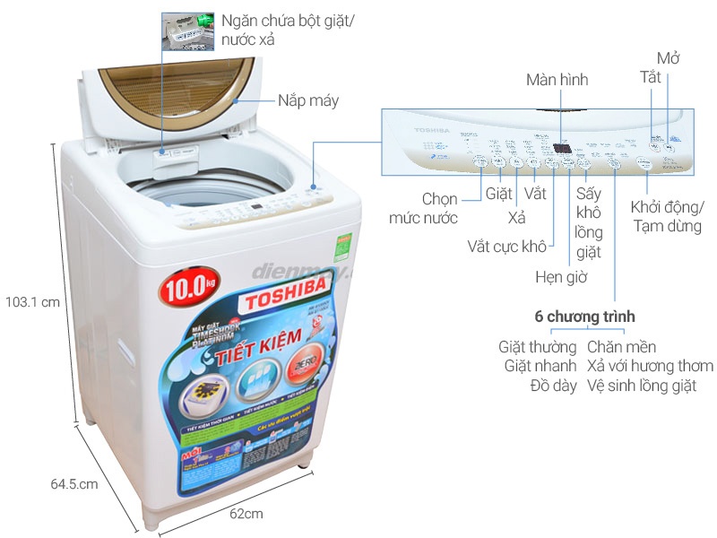 Máy giặt 10 Kg Toshiba B1100GV(WD) lồng đứng, nắp màu xám đồng