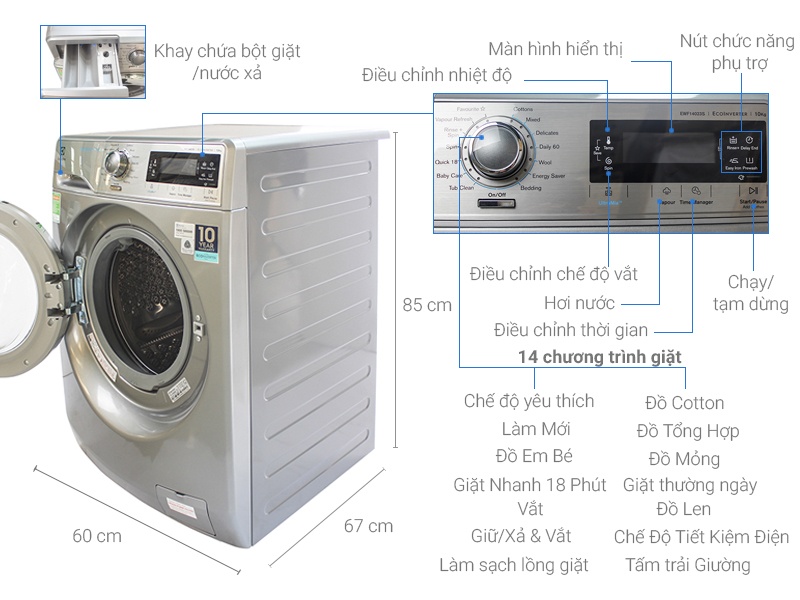 Máy giặt 10 Kg Electrolux EWF14023S Inverter (Xám bạc)