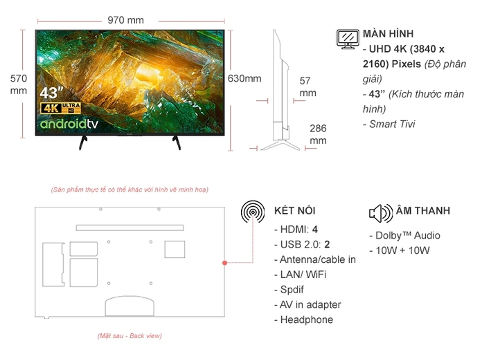Smart Tivi 4K 43 inch Sony KD-43X8050H HDR Android TV