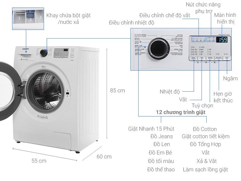 Máy giặt 8 Kg Samsung WW80J4233GW/SV lồng ngang