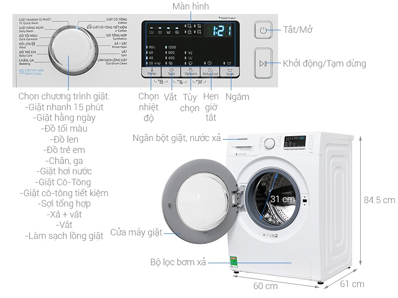 Máy giặt 7.5 Kg Samsung WW75J42G0IW/SV hơi nước