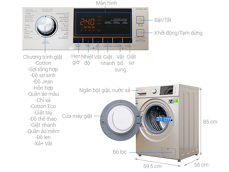Máy giặt 8 Kg Midea lồng ngang MFC80-1401