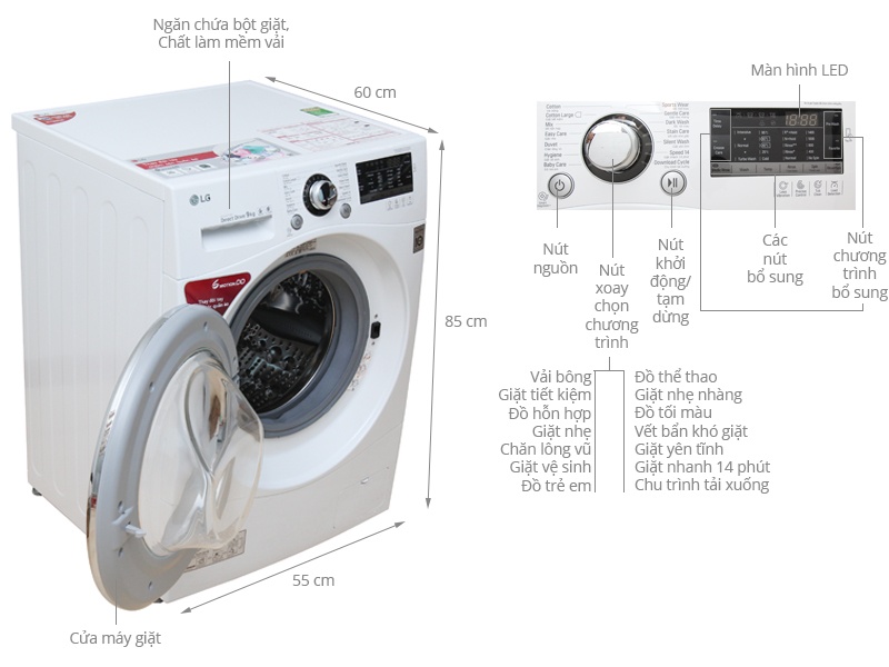 Máy giặt 9 Kg LG F1409NPRW lồng ngang, dẫn động trực tiếp, 6 motion, Turbowash
