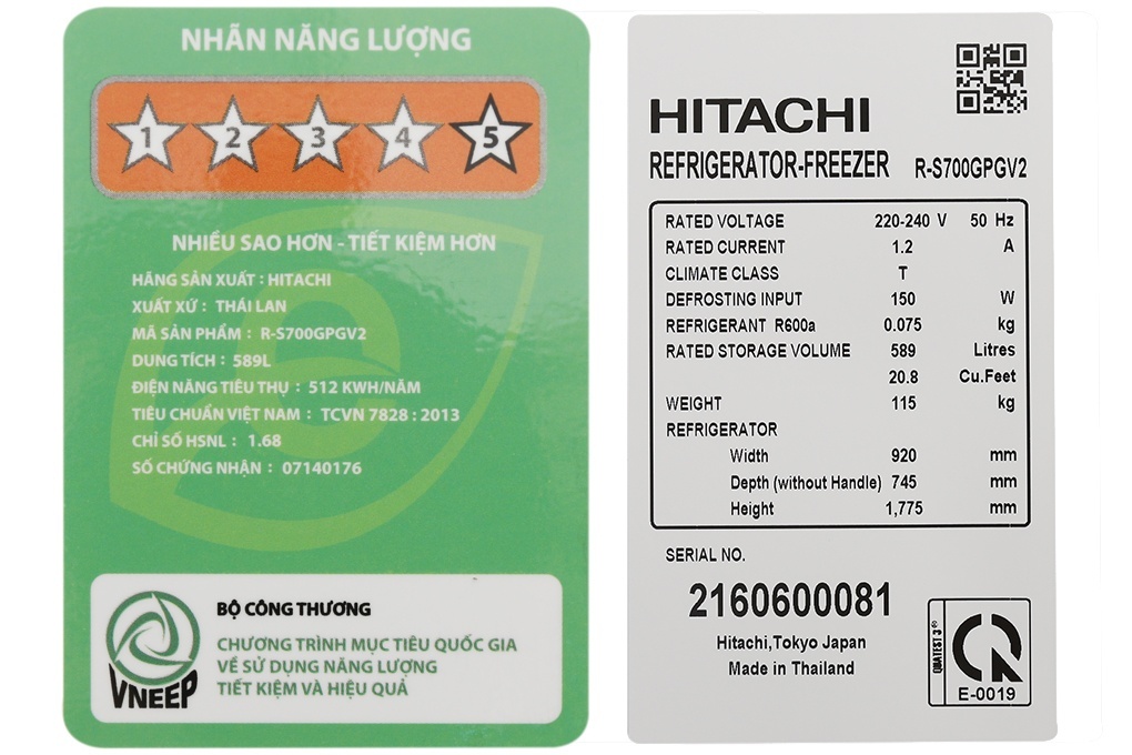 TỦ LẠNH SBS Hitachi R-S700GPGV2 (GS) - 605 Lít (Bạc)