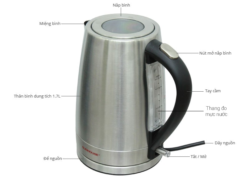 Ấm siêu tốc 1.7 lít Inox Sunhouse SHD1375 1850W