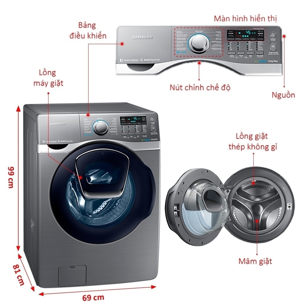 Máy giặt lồng ngang Samsung AddWash WD17J7825KP/SV giặt 17kg + Sấy 9kg