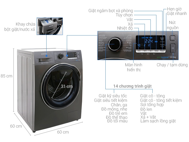 Máy giặt 10.5 Kg Samsung Addwash WW10K6410QX lồng ngang