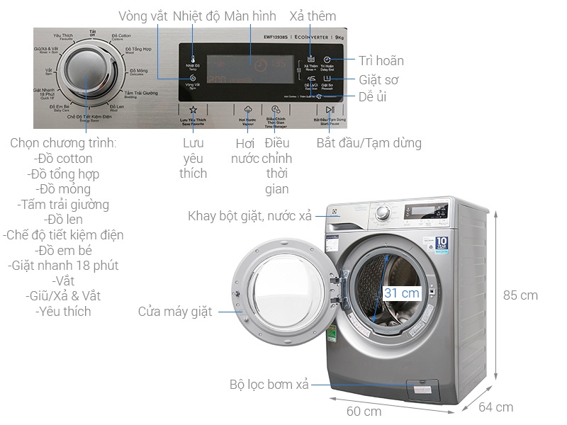 Máy giặt 9Kg Electrolux EWF12938S Inverter