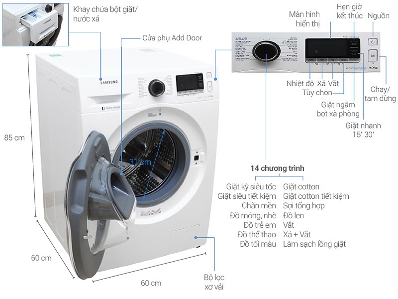 Máy giặt 9 Kg Samsung Addwash WW90K6410QW lồng ngang