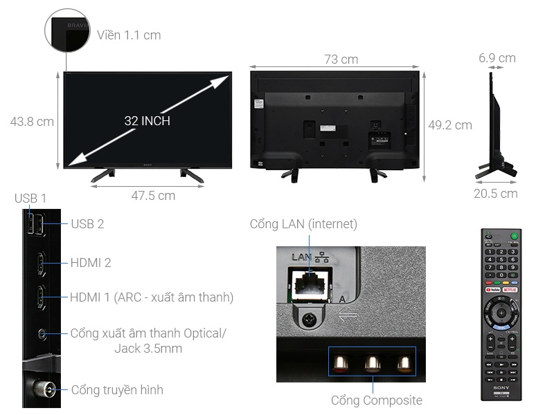 Smart Tivi Sony 32 inch 32W610G, HDR, MXR 200Hz