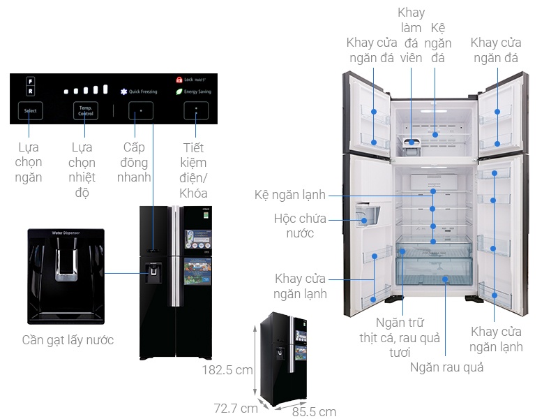 Tủ lạnh 4 cánh Inverter 540 Lít Hitachi R-FW690PGV7 (GBK) (Đen)