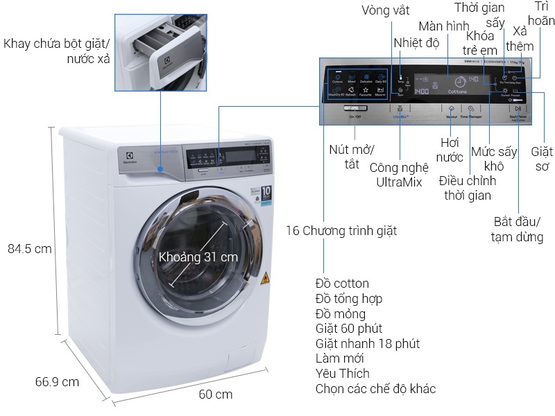 Máy giặt 11kg+ Sấy 7kg Electrolux EWW14113