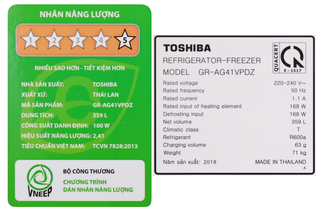 Tủ lạnh 2 cánh Inverter Toshiba GR-AG41VPDZ/XK - 359 Lít (Gương Đen)