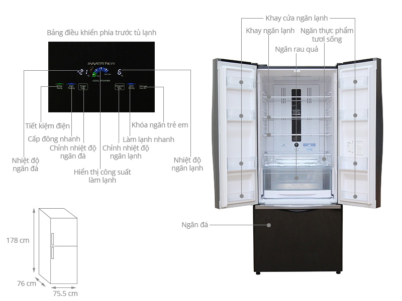 Tủ lạnh 3 cánh Hitachi R-WB545PGV2 (GBK), 455 Lít, Màu đen