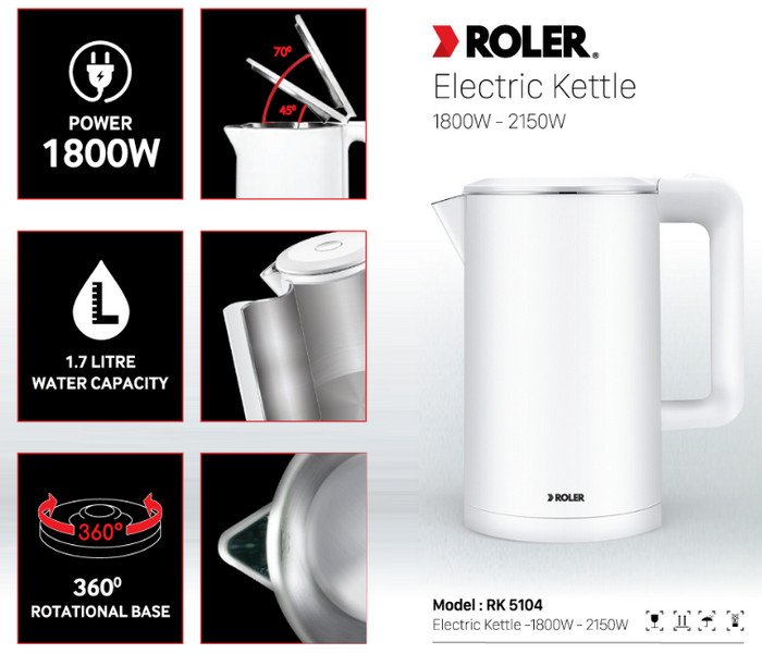 Bình siêu tốc inox 2 lớp 1.7L Roler RK-5104