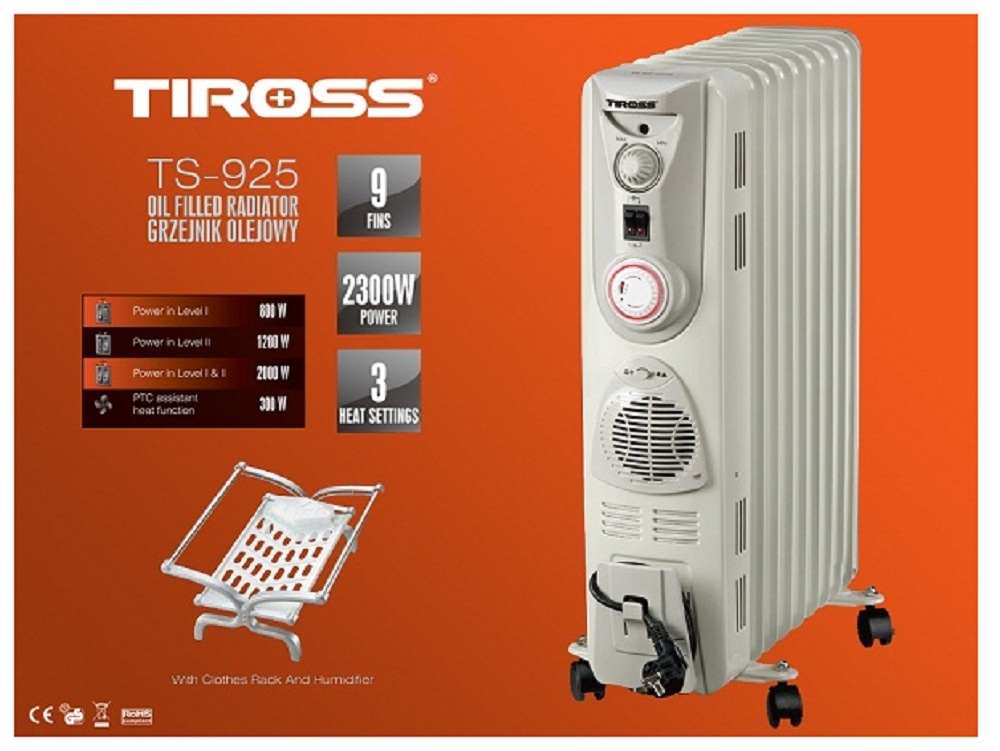 Máy sưởi dầu Tiross TS-925 9 thanh Có hẹn giờ, Quạt thổi