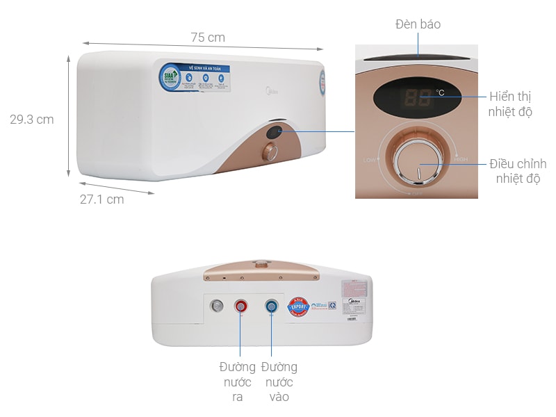 Bình nóng lạnh gián tiếp Midea D20-25HA 20L