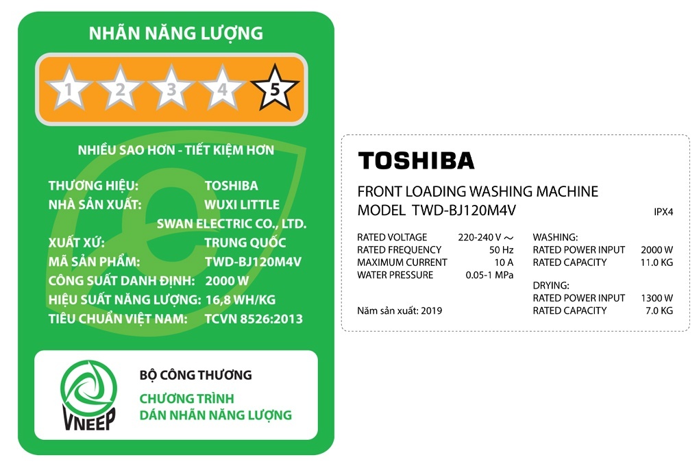 Máy giặt lồng ngang Toshiba Inverter 11Kg +Sấy 7Kg TWD-BJ120M4V(SK)