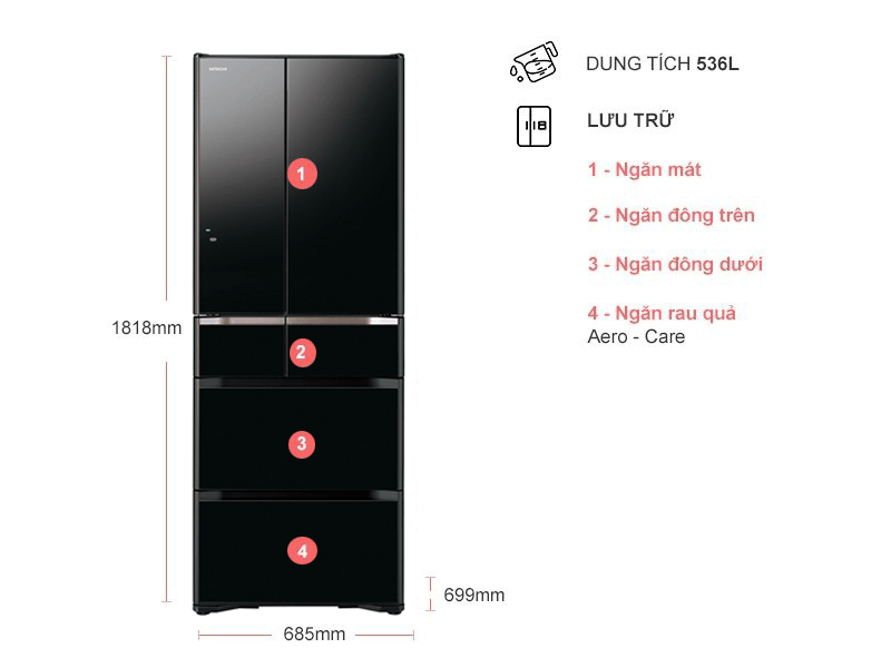 Tủ lạnh 6 cửa 536L Hitachi G520GV(XK) Inverter