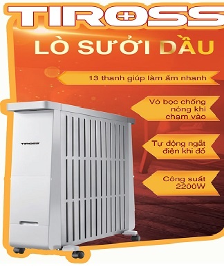 Máy sưởi dầu Tiross TS9216- 13 thanh, màn hình LED, hẹn giờ, giá phơi