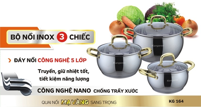 Bộ nồi Inox 3 chiếc 5 lớp cao cấp Kangaroo KG164