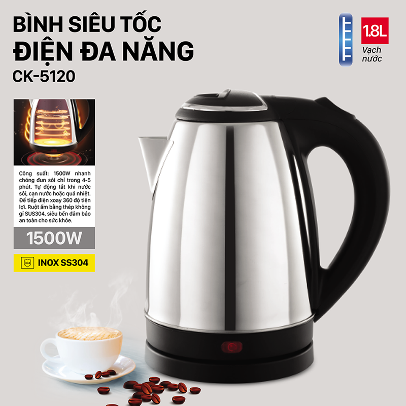 Ấm siêu tốc Inox 304 1.8 lít Coex CK-5120 1500W