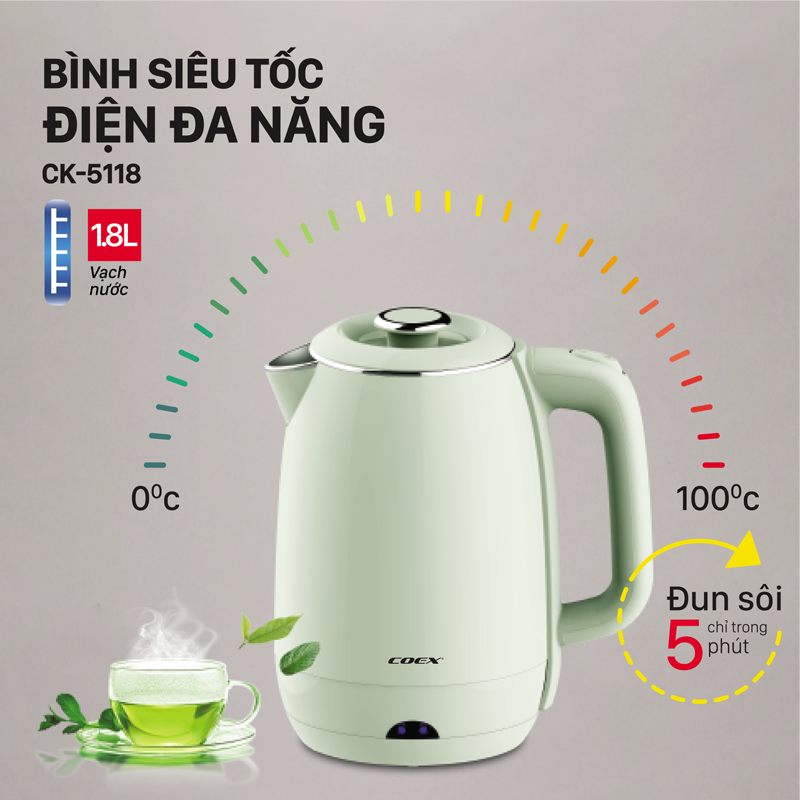 Ấm siêu tốc 2 lớp Inox 304 1.8 lít Coex CK-5118 2200W