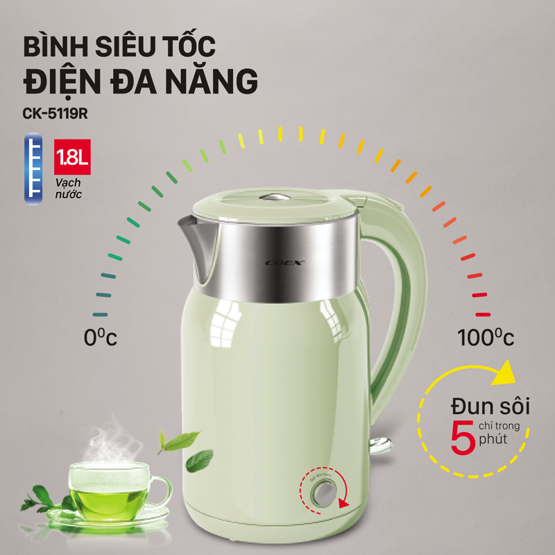 Ấm siêu tốc 2 lớp Inox 304 1.8 Lít Coex CK-5119R 2200W