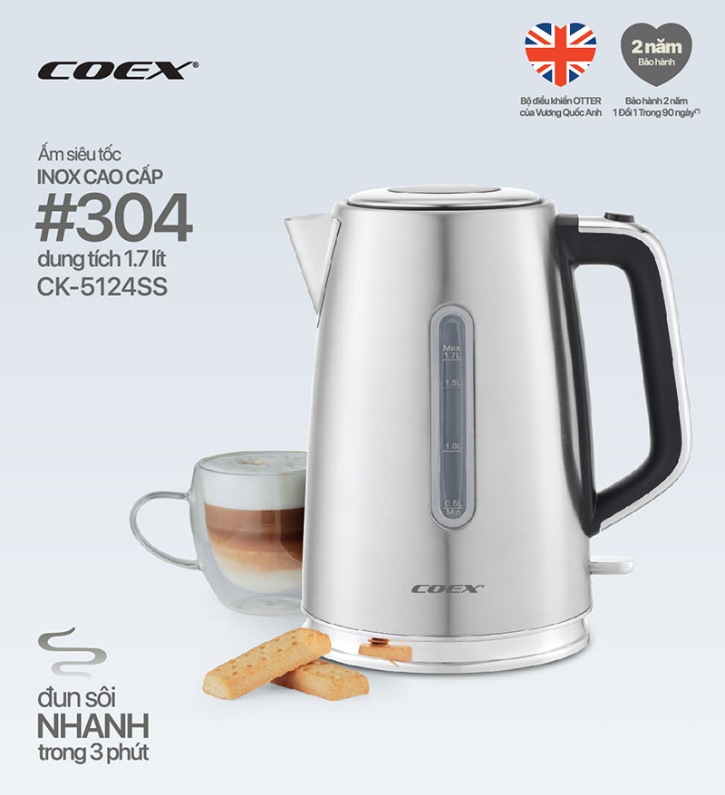 Ấm siêu tốc Inox 304 1.7 lít Coex CK-5124SS 1850-2200W