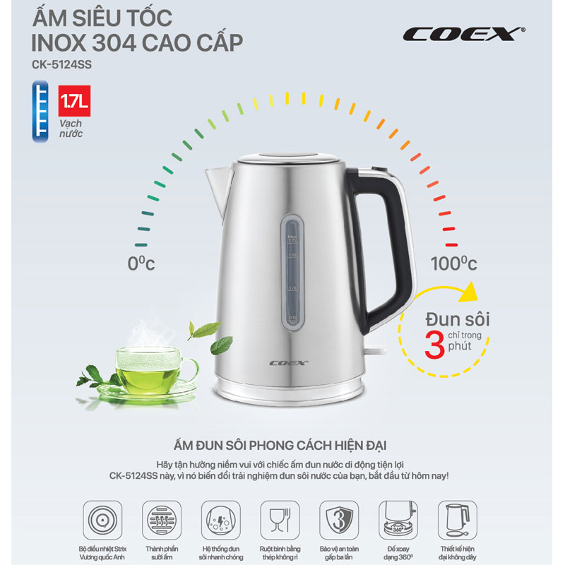 Ấm siêu tốc Inox 304 1.7 lít Coex CK-5124SS 1850-2200W