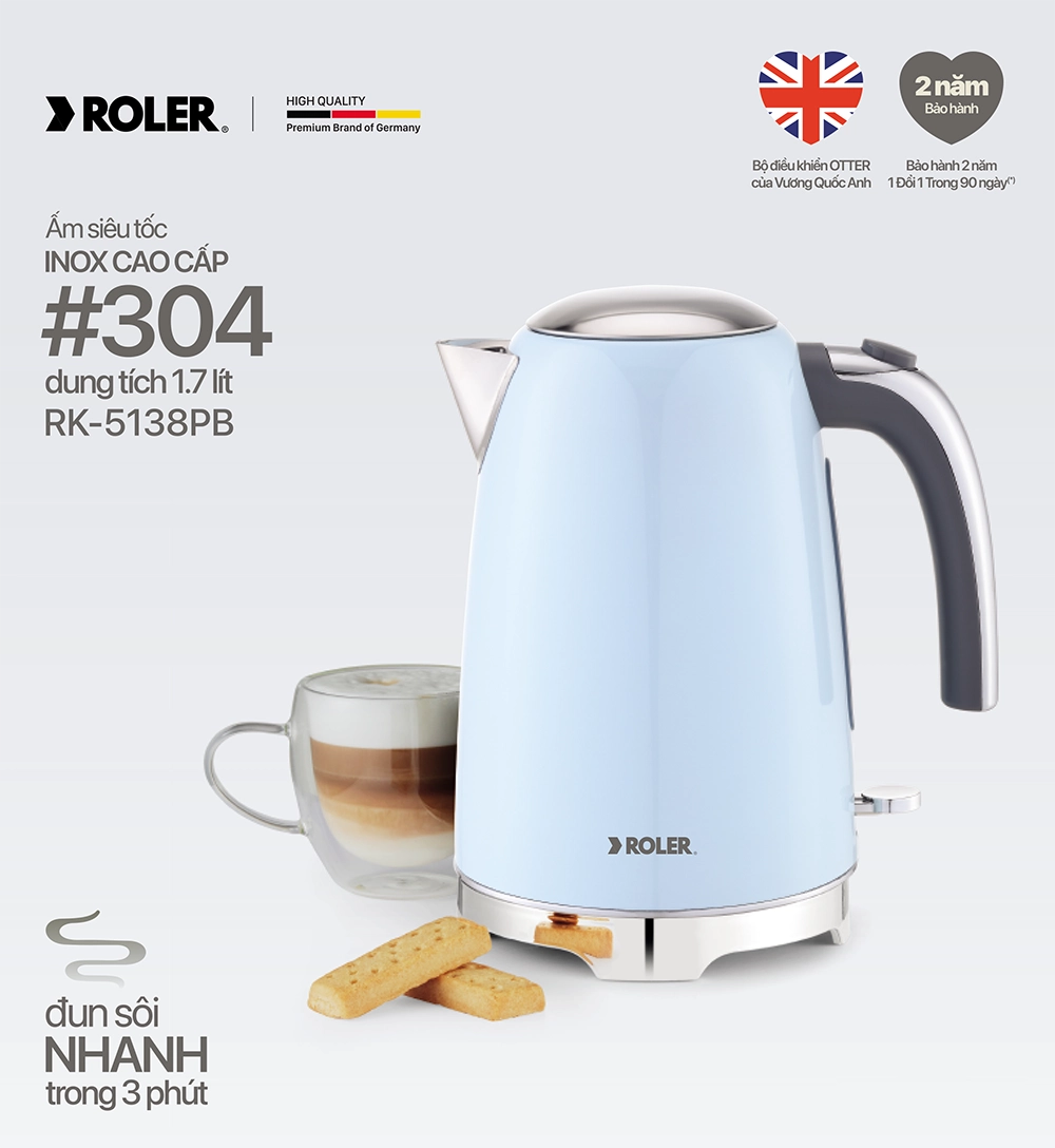 Ấm siêu tốc Inox 304 1.7 lít Roler RK-5138PB 1850-2200W