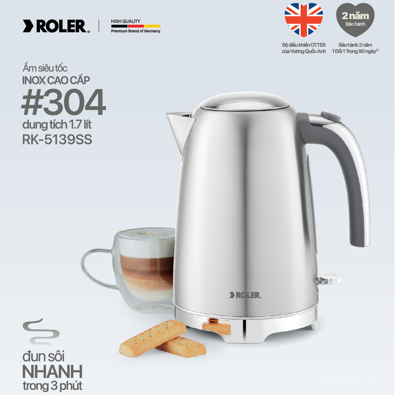Ấm siêu tốc Inox 304 1.7 lít Roler RK-5139SS 1850-2200W